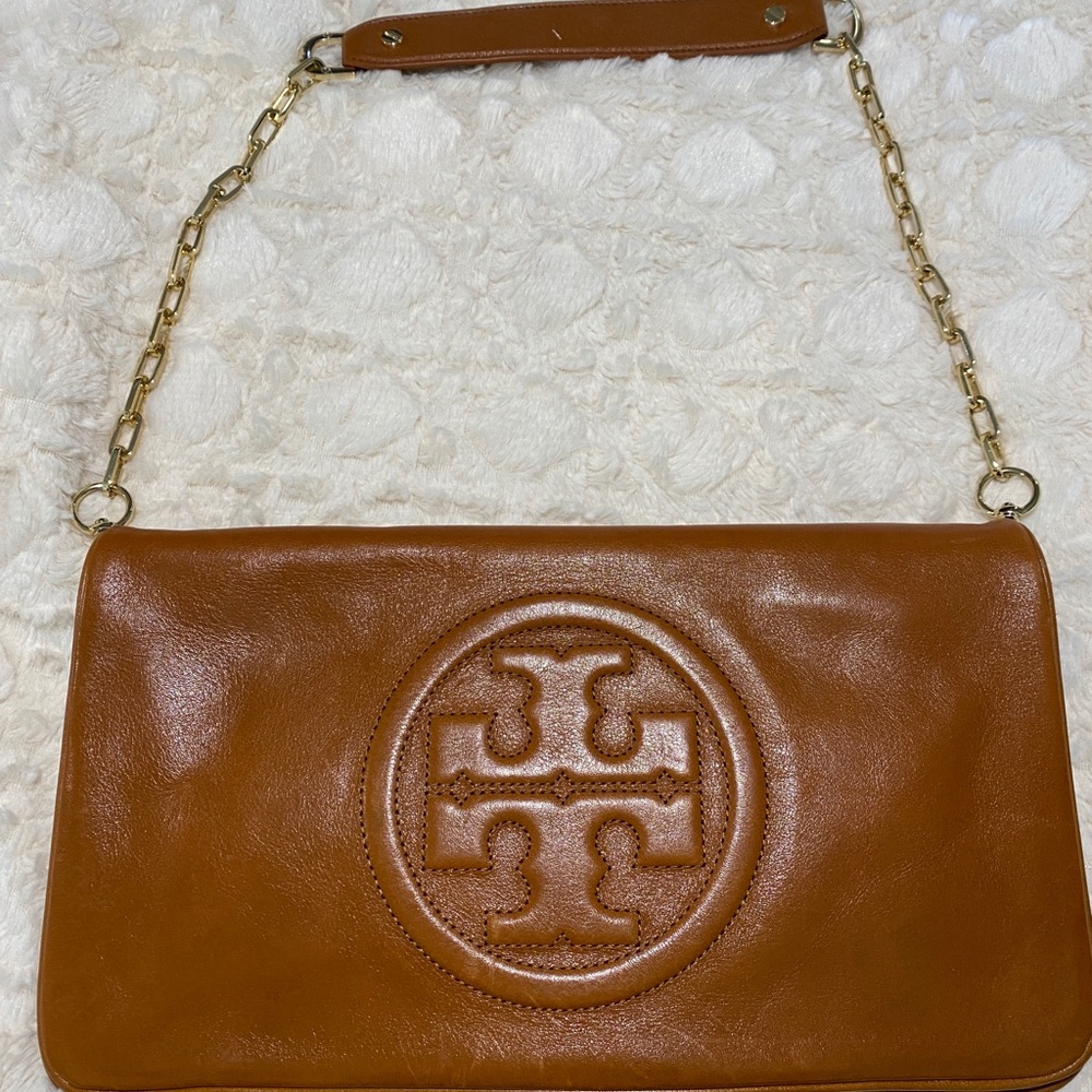 Tory Burch Reva Leather Clutch -color Luggage